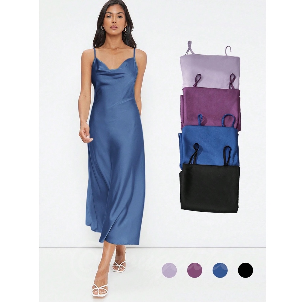 Blue Satin Cami Dress Midi Adjustable Spaghetti Straps - Picture 2 of 7